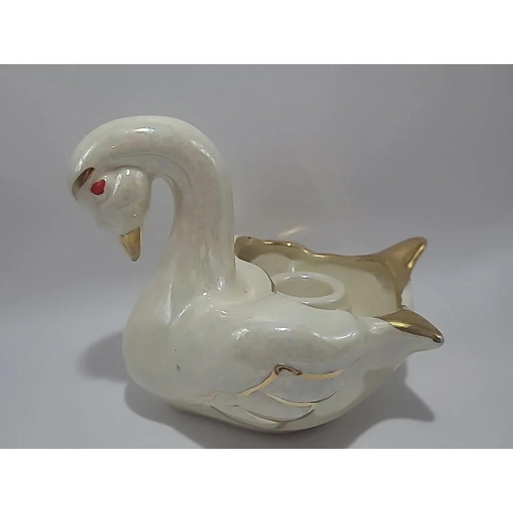 Small Lusterware Swan‎ Candle Holder Pearl China Co Hand Decorated 22KT Gold USA